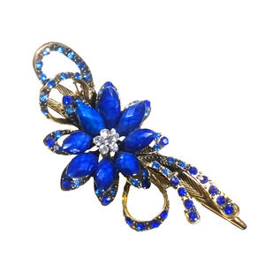 Royal Blue Hair Barrette Clip Floral Blue Rhinestone Gold Tone Elegant...